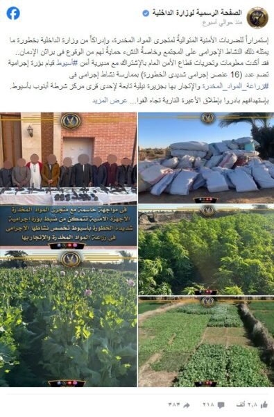 أعلنت وزارة الداخلية المصرية يوم الأحد عن اكتشاف جزيرة مُزرعَة بالمُخَدِّرات في وسط نهر النيل، وتقع هذه الجزيرة تحت إشراف قرية تابعة لمركز شرطة أبنوب في محافظة أسيوط التي تقع في جنوب الصعيد.