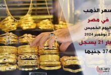 سعر الذهب في مصر اليوم الخميس 21 نوفمبر 2024 وعيار 21 يسجل 3745 جنيها